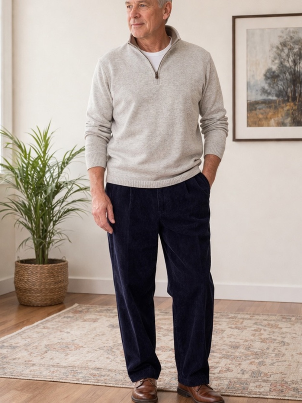 Men’s Navy Corduroy Pants 44x29 Elastic Waist Comfort Stretch Casual